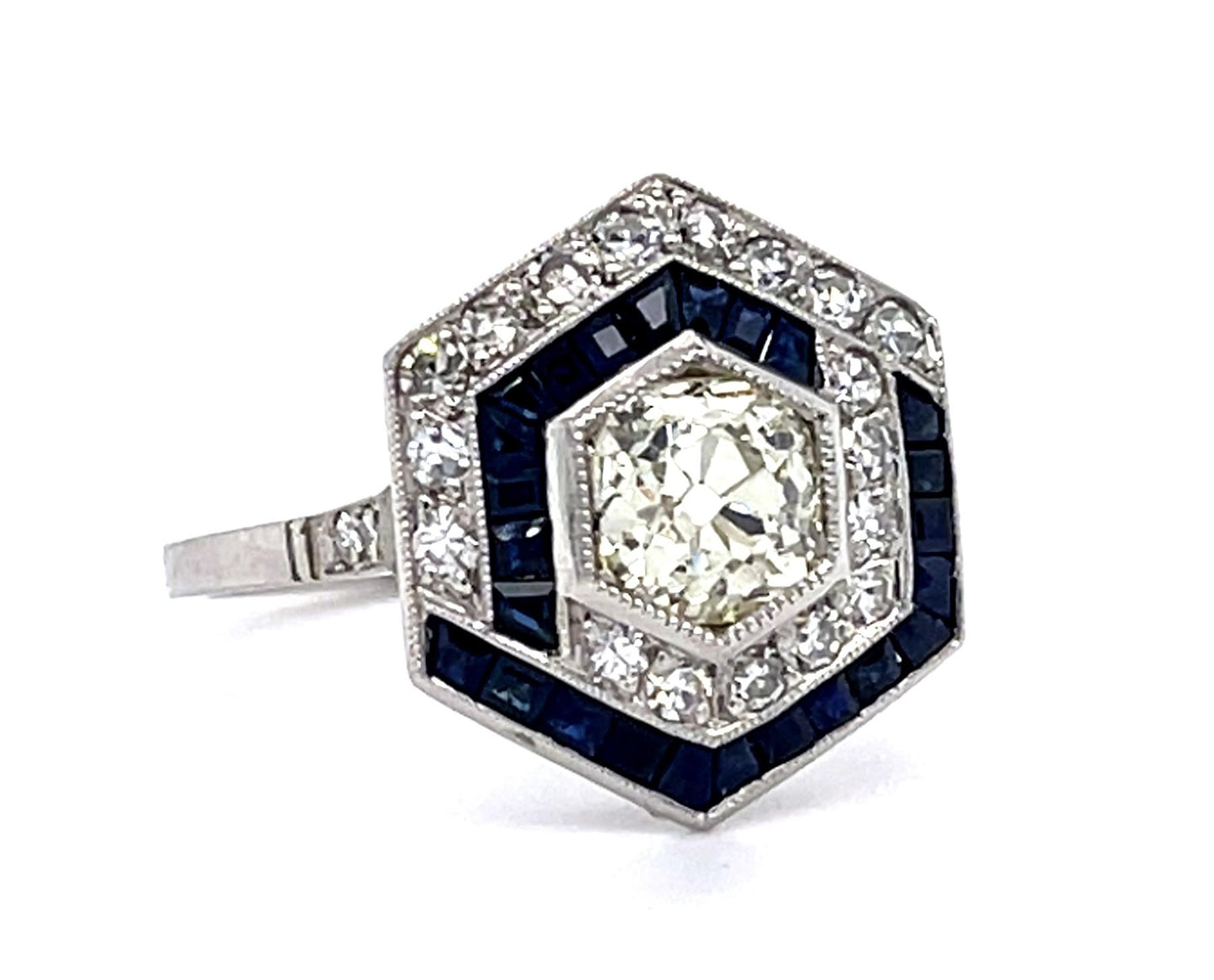 .97ct Old Mine Diamond 1ct Sapphire Platinum Handmade Ring .70ct SD