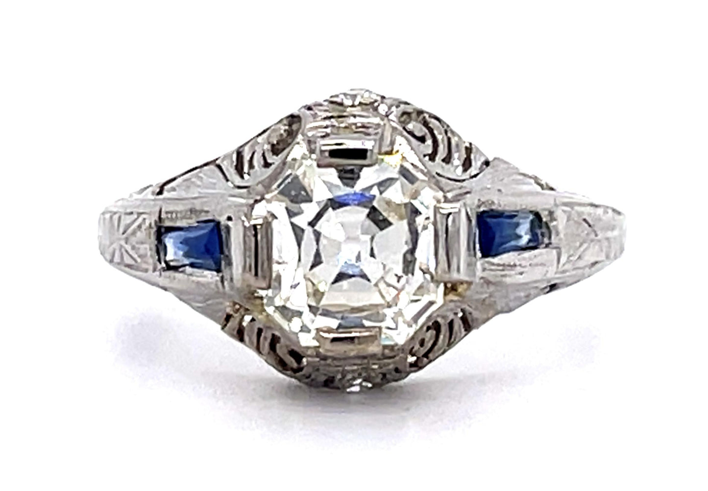 Art Deco 1.21ct Old Mine Diamond .30ct Sapphire PT Ring (Vintage 1930s)