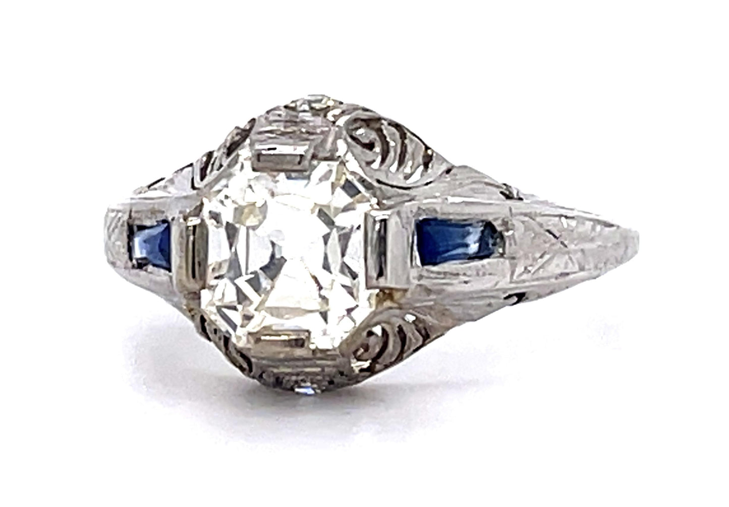 Art Deco 1.21ct Old Mine Diamond .30ct Sapphire PT Ring (Vintage 1930s)
