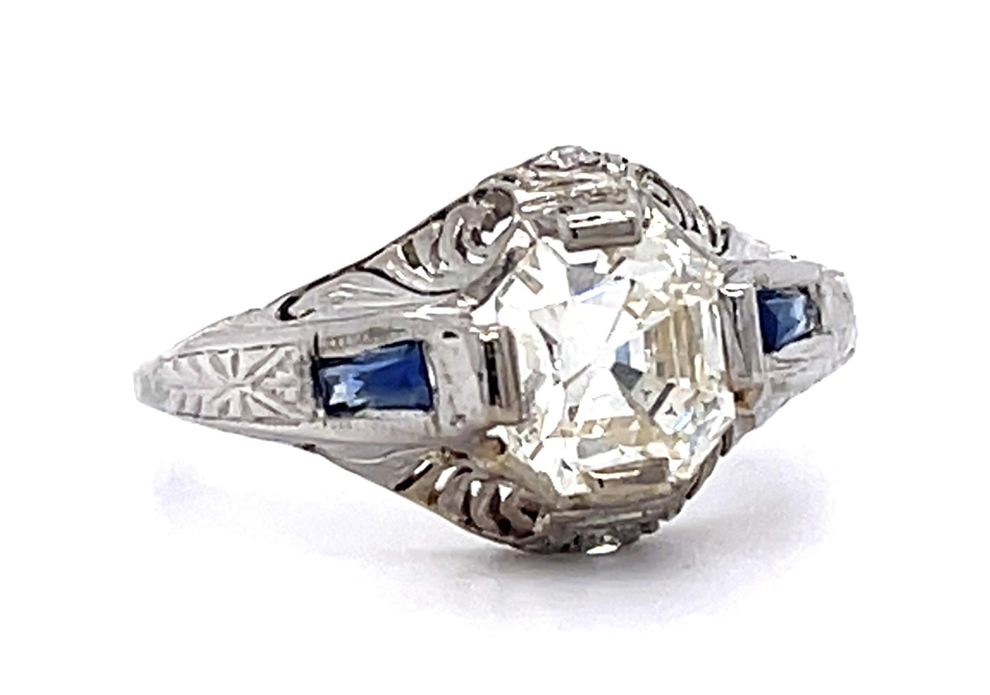 Art Deco 1.21ct Old Mine Diamond .30ct Sapphire PT Ring (Vintage 1930s)