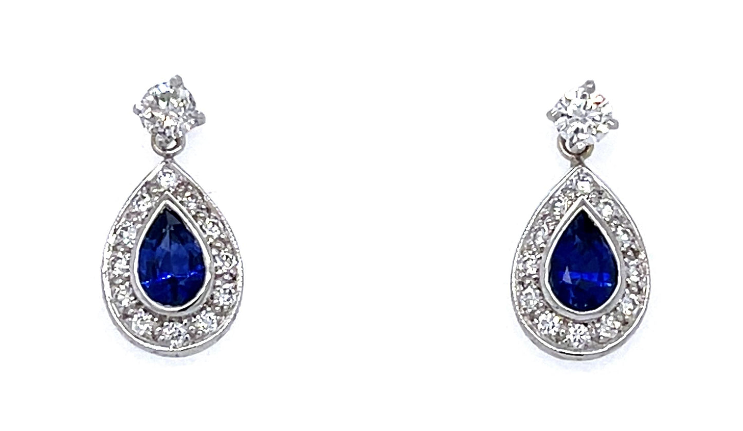 1ct Pear Sapphire .60ct Diamond 14KW Earrings