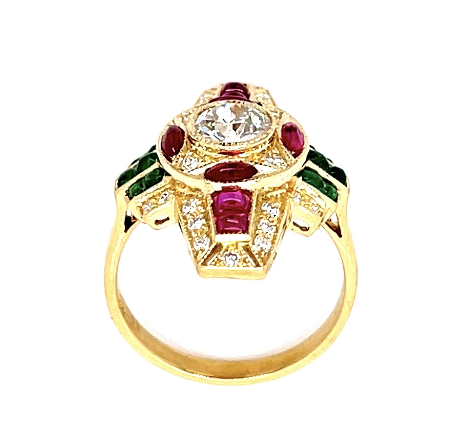 .55ct Old European Center Diamond 1.20ct Ruby .80ct Emerald 18KY Ring .25ct SD
