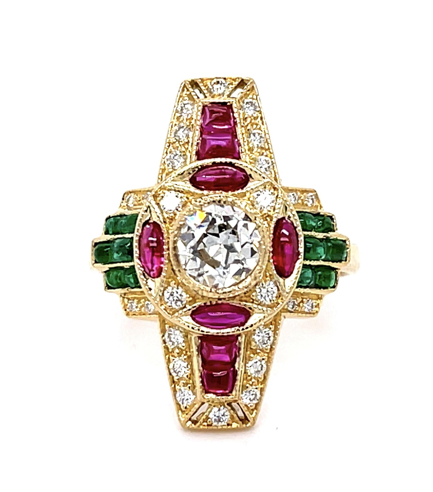 .55ct Old European Center Diamond 1.20ct Ruby .80ct Emerald 18KY Ring .25ct SD
