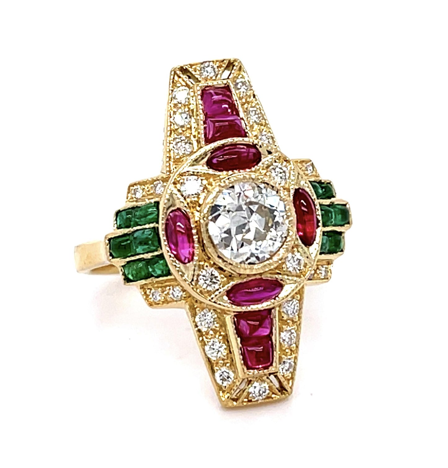 .55ct Old European Center Diamond 1.20ct Ruby .80ct Emerald 18KY Ring .25ct SD