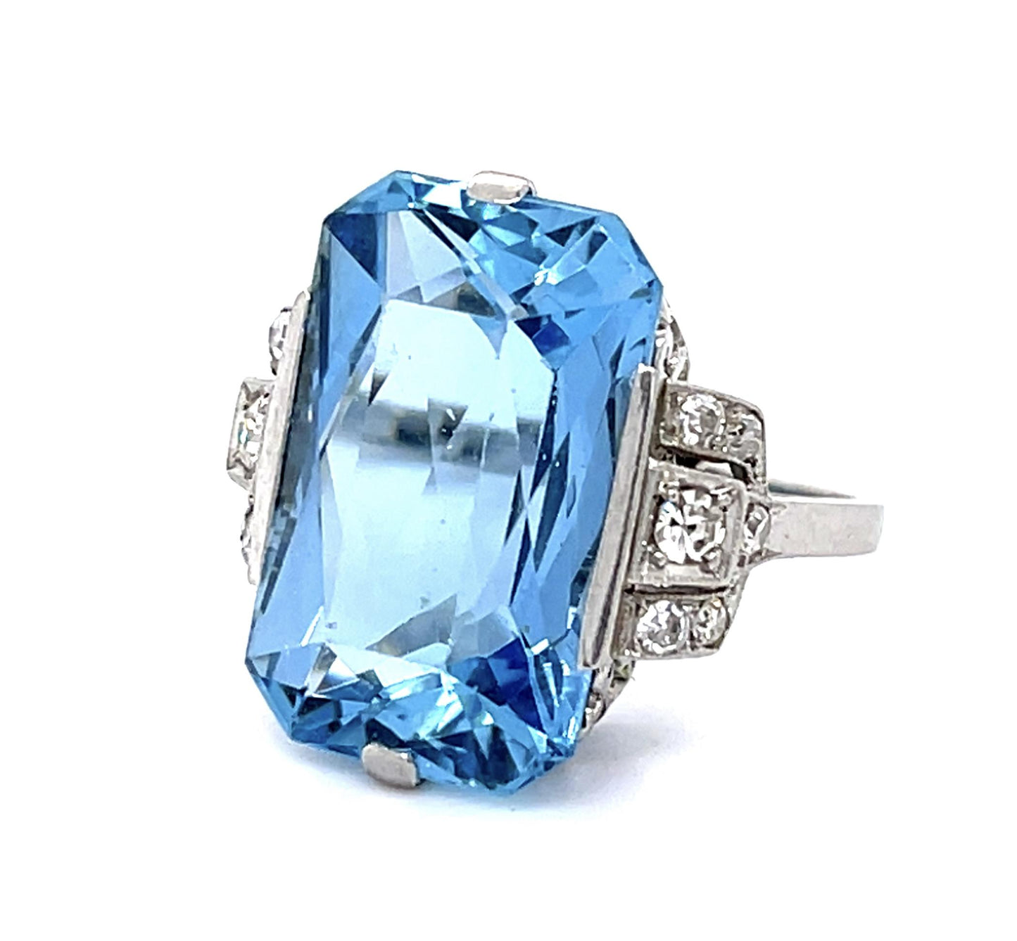 Original Art Deco 16ct Aquamarine .46ct Diamond PT Handmade Ring (Vintage 1930s)