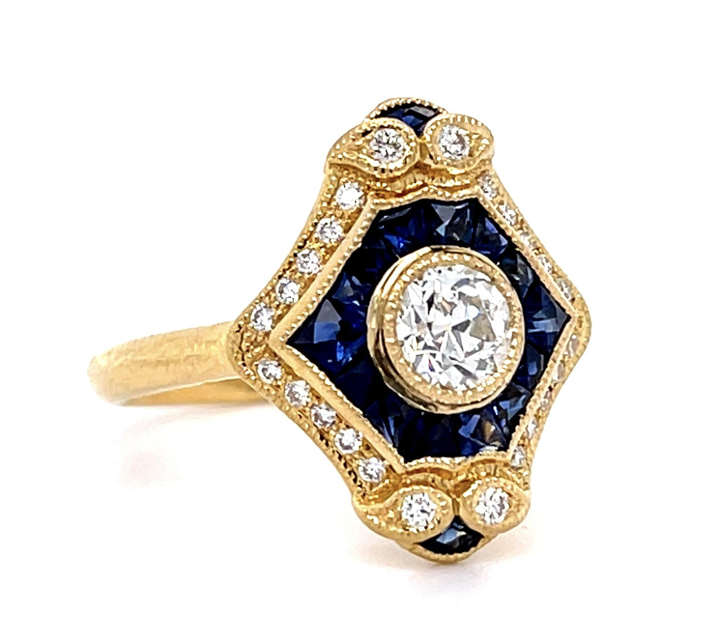 .44ct Old European Center Diamond 1.60ct Sapphire 18KY Ring
