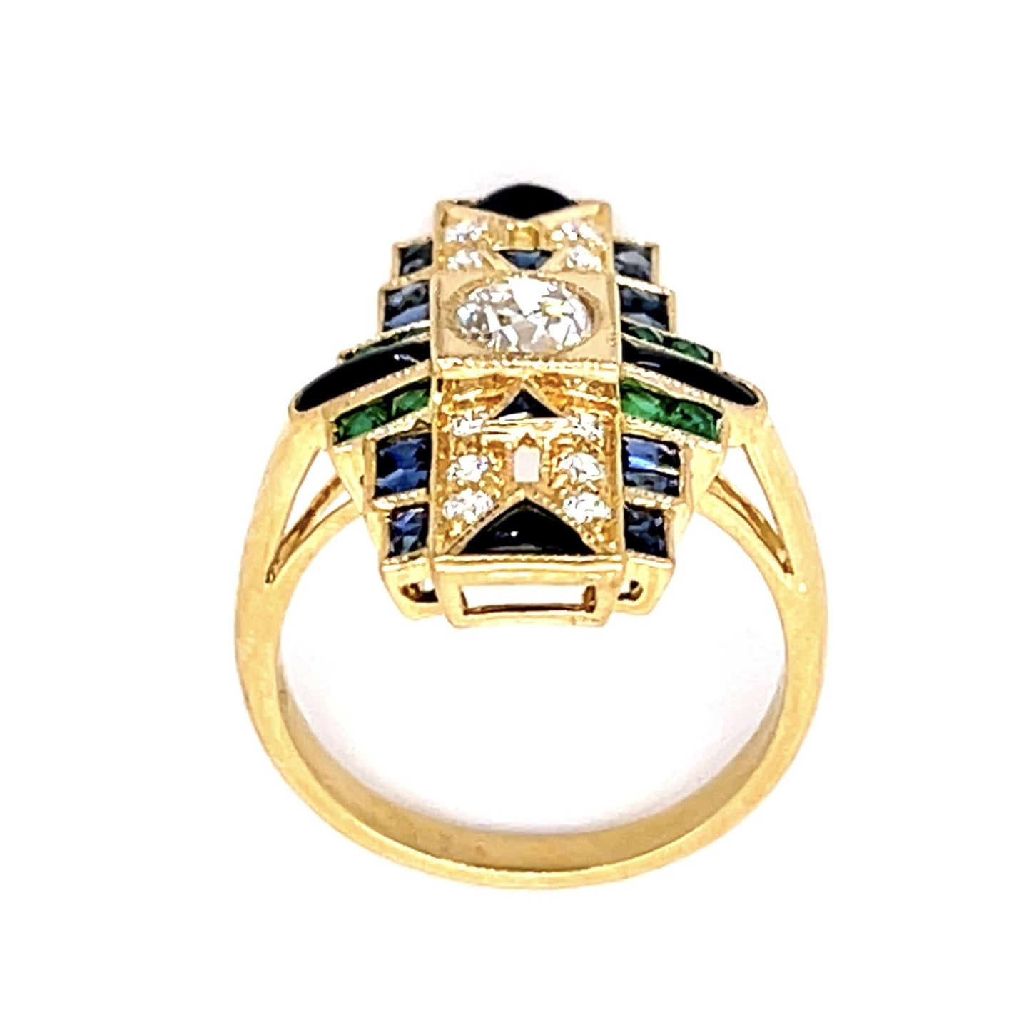 .41ct Old European Center Diamond .50ct Emerald 1.30ct Sapphire Onyx 18KY Ring