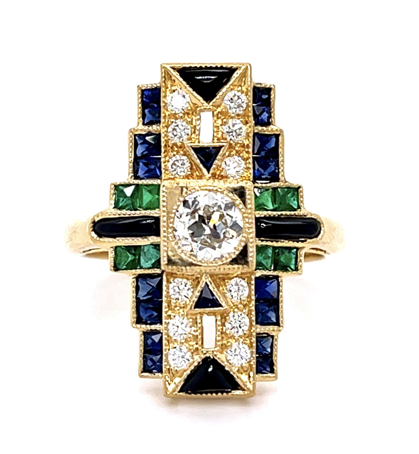 .41ct Old European Center Diamond .50ct Emerald 1.30ct Sapphire Onyx 18KY Ring