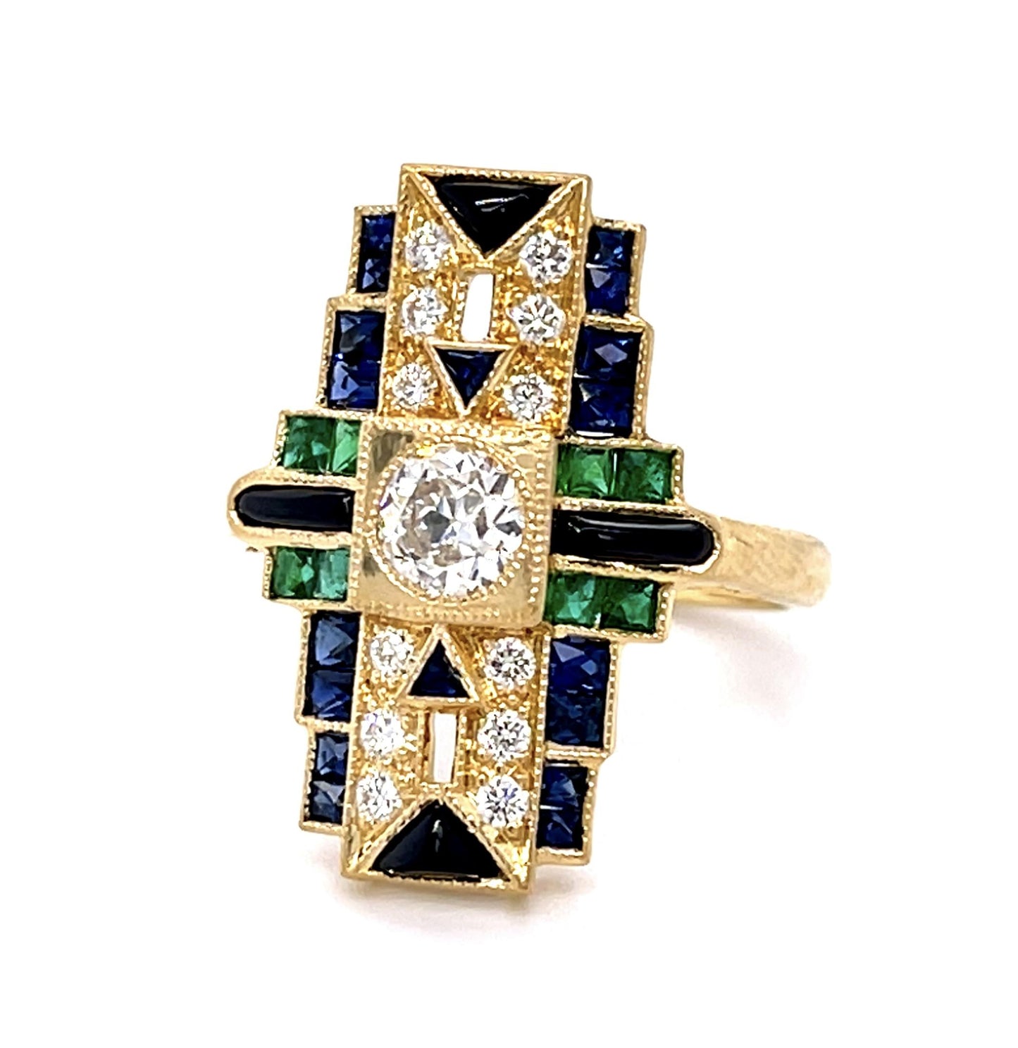 .41ct Old European Center Diamond .50ct Emerald 1.30ct Sapphire Onyx 18KY Ring