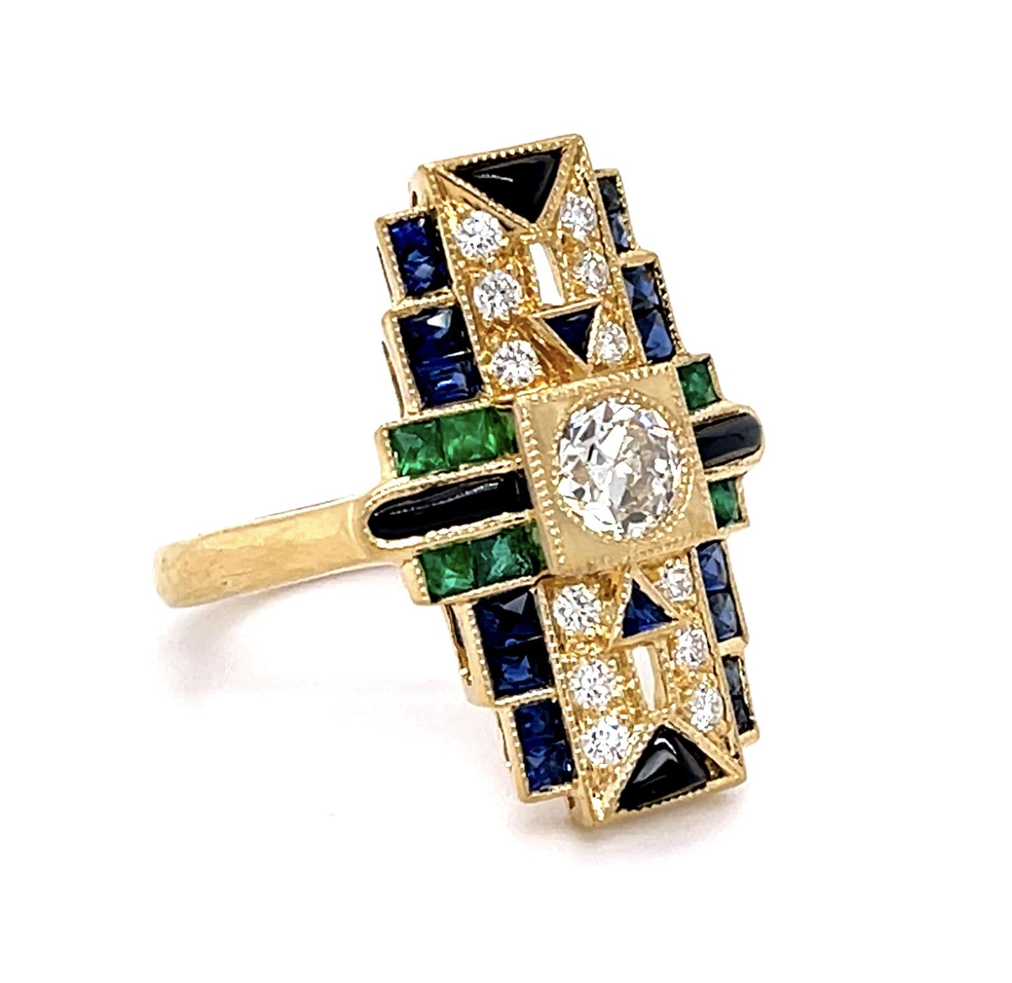 .41ct Old European Center Diamond .50ct Emerald 1.30ct Sapphire Onyx 18KY Ring