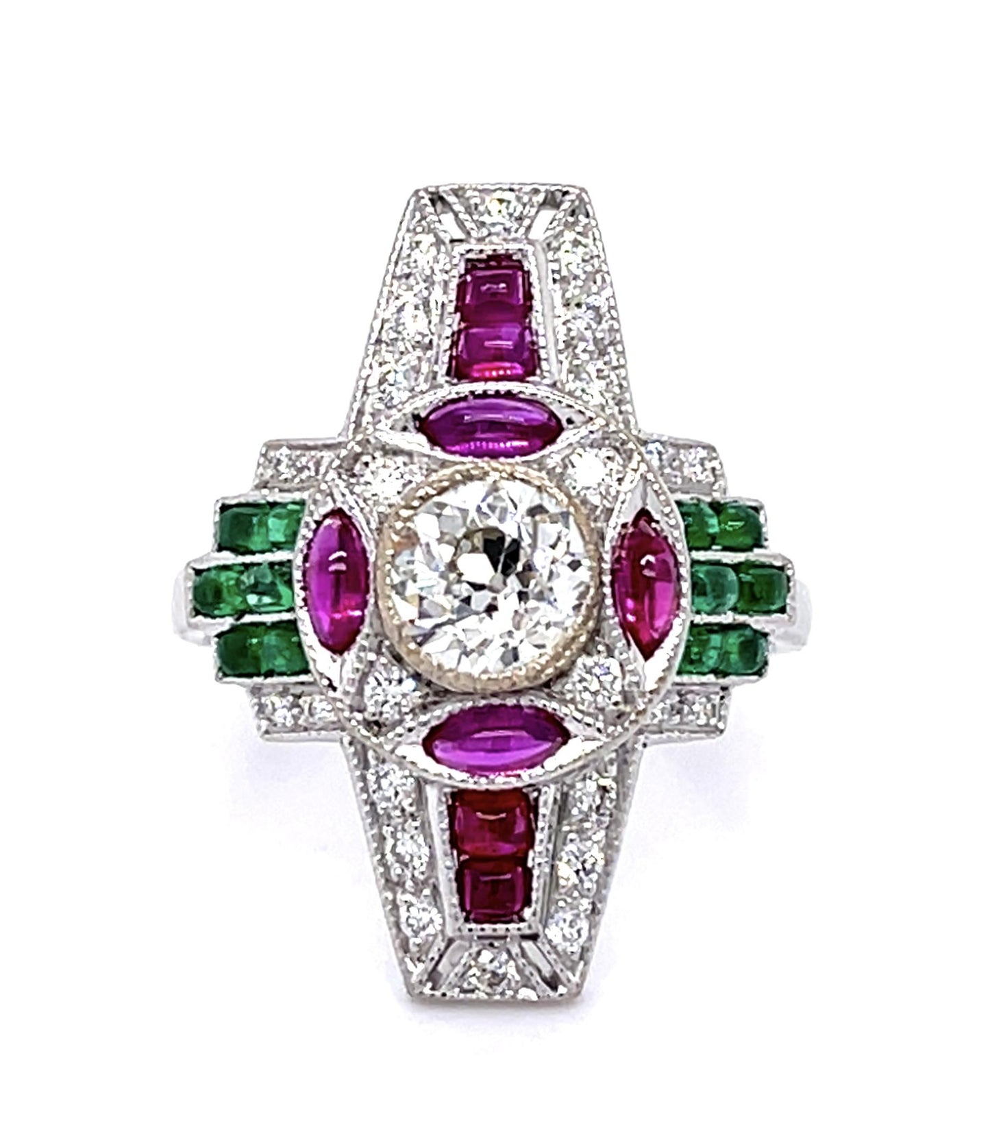 .68ct Old European Center Diamond 1.20ct Ruby .80ct Emerald 18KW Ring