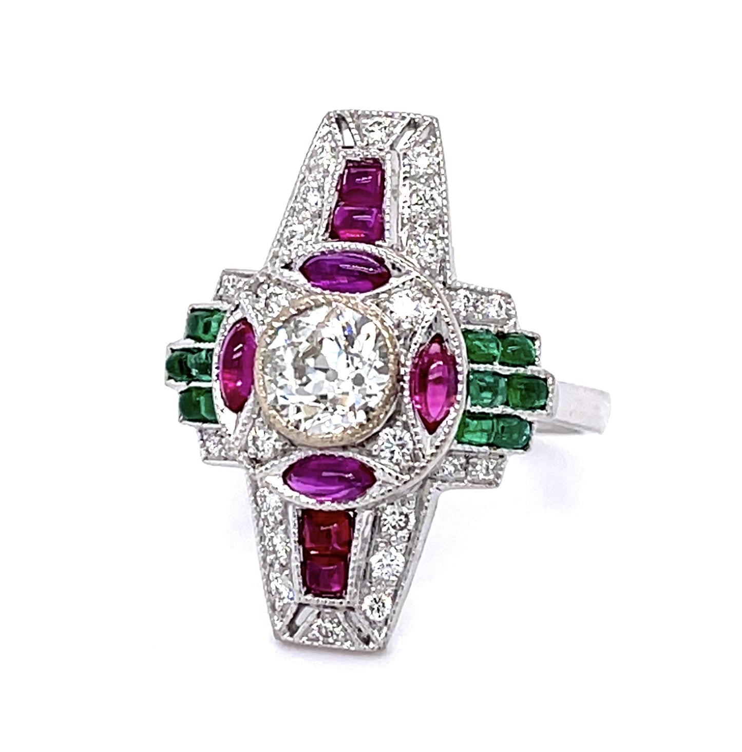 .68ct Old European Center Diamond 1.20ct Ruby .80ct Emerald 18KW Ring