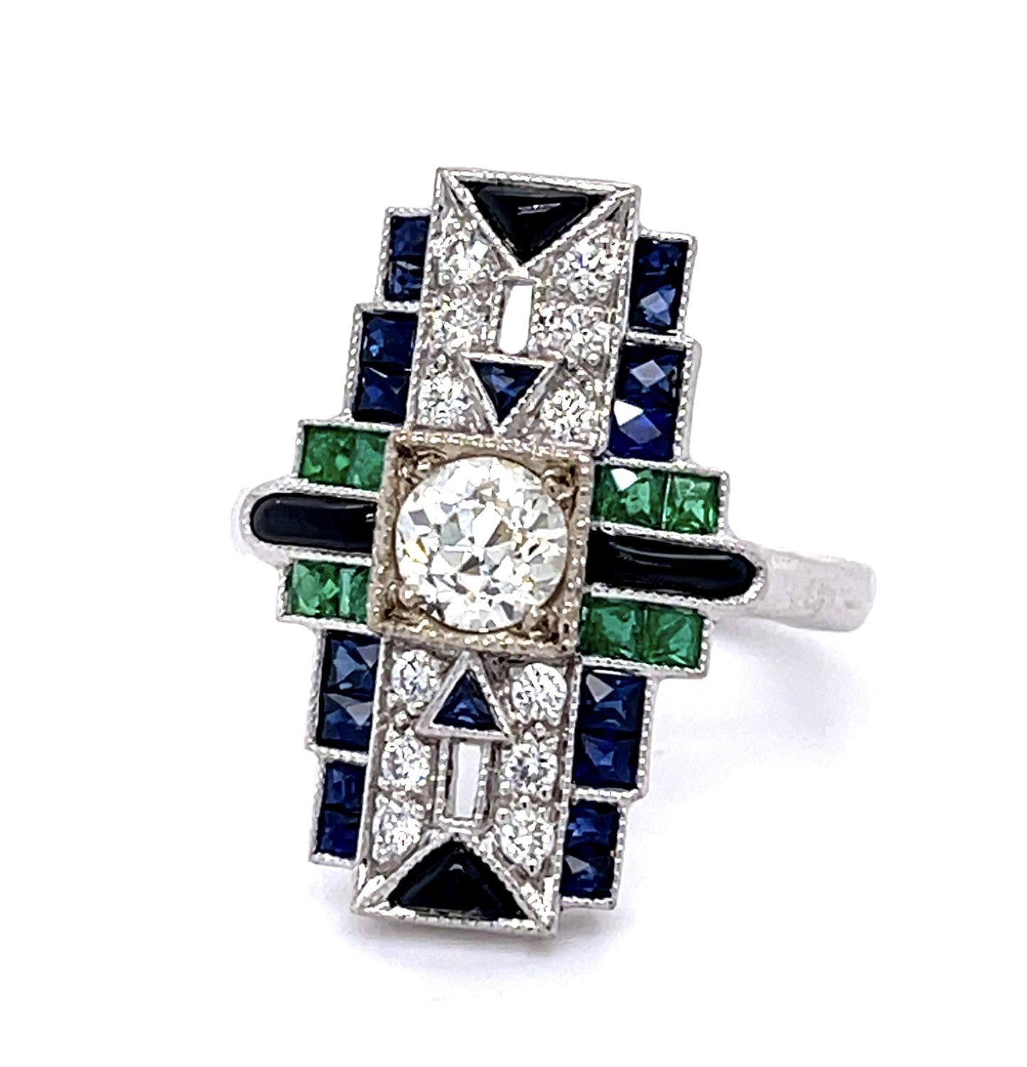 .54ct Old European Diamond 1.30ct Sap .50ct Eme Onyx 18KW Handmade Ring