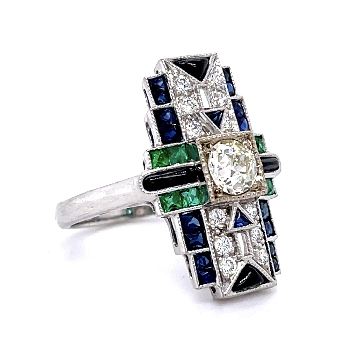 .54ct Old European Diamond 1.30ct Sap .50ct Eme Onyx 18KW Handmade Ring