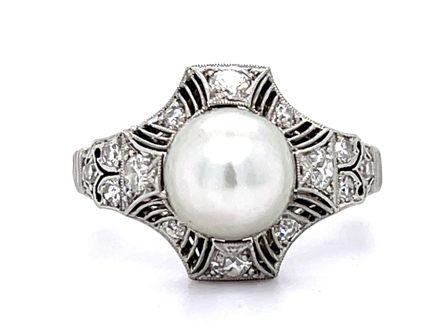 Original Art Deco 7.31mm Natural Pearl PT Ring (Antique 1920s) .26ct SD