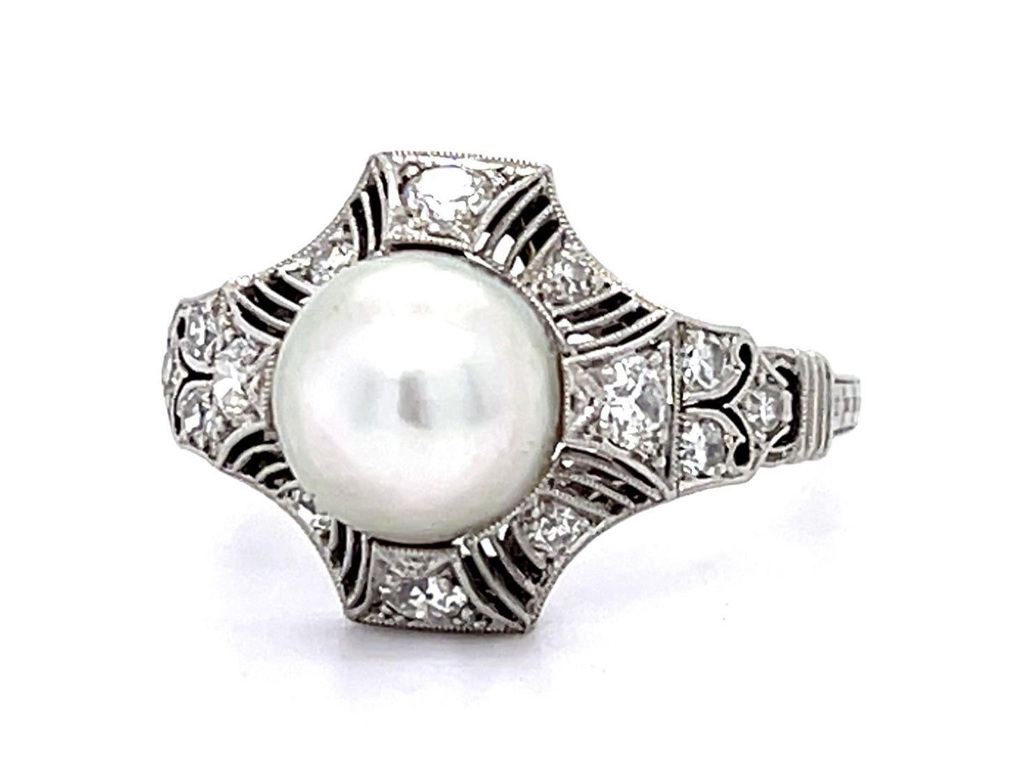 Original Art Deco 7.31mm Natural Pearl PT Ring (Antique 1920s) .26ct SD
