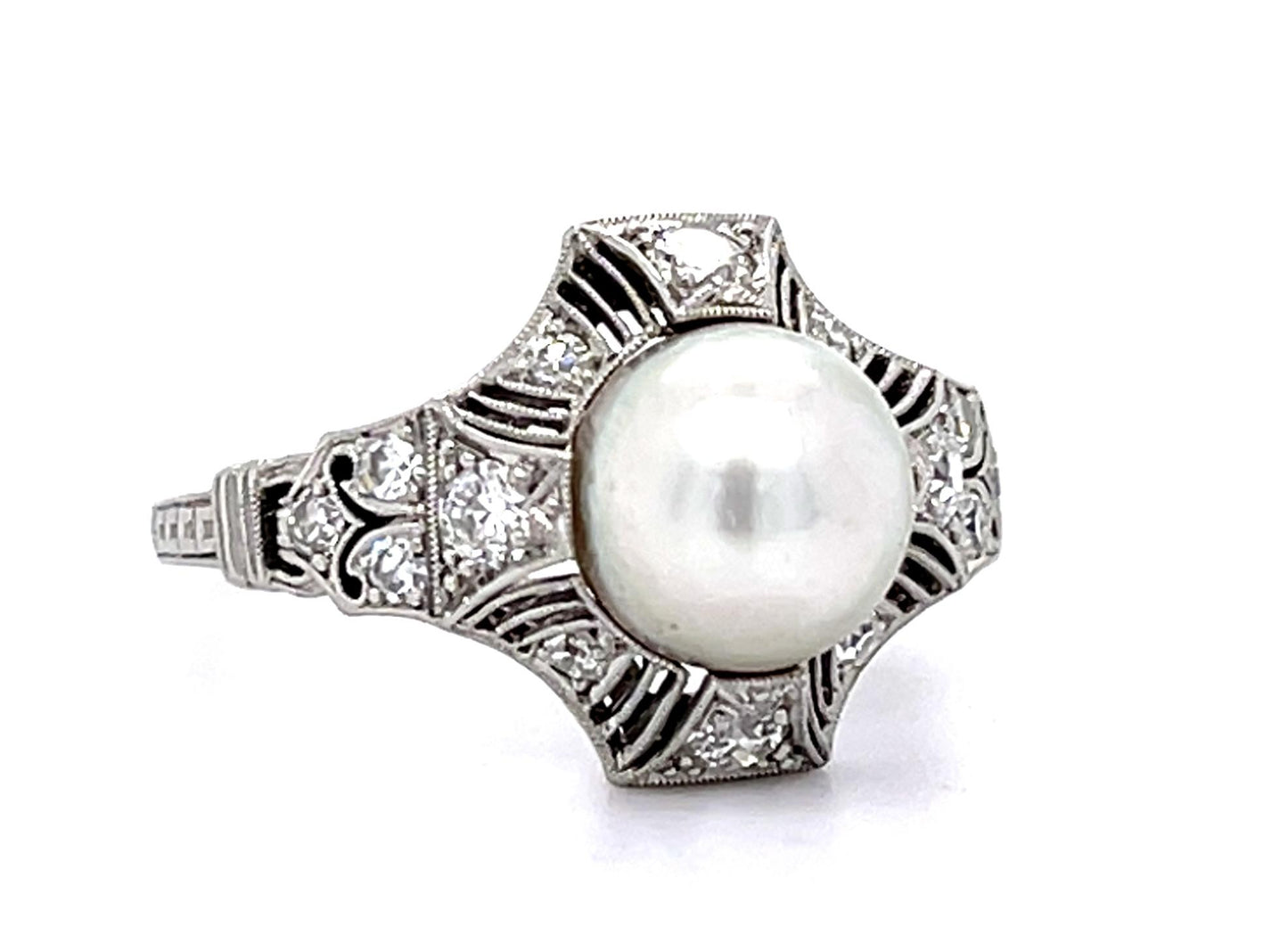 Original Art Deco 7.31mm Natural Pearl PT Ring (Antique 1920s) .26ct SD
