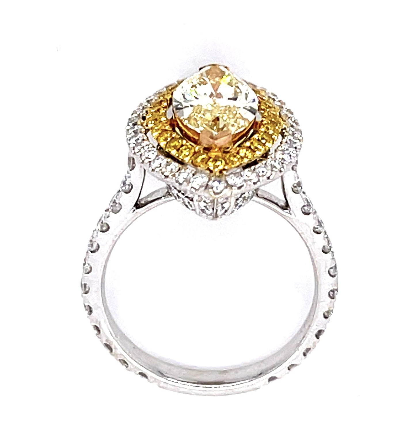 2.50ct Marquise Yellow Diamond 2.20ct Ring Side White Diamond .27ct Side Yellow
