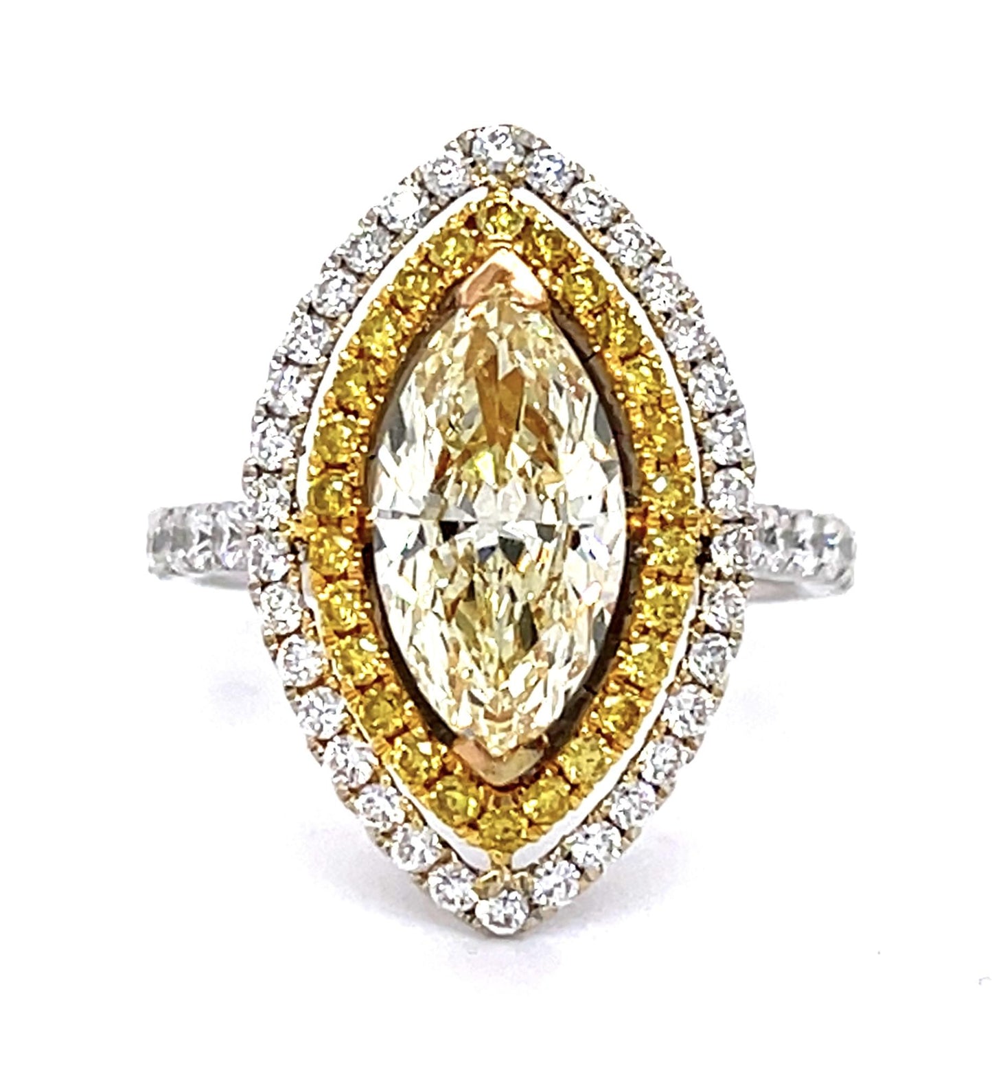 2.50ct Marquise Yellow Diamond 2.20ct Ring Side White Diamond .27ct Side Yellow