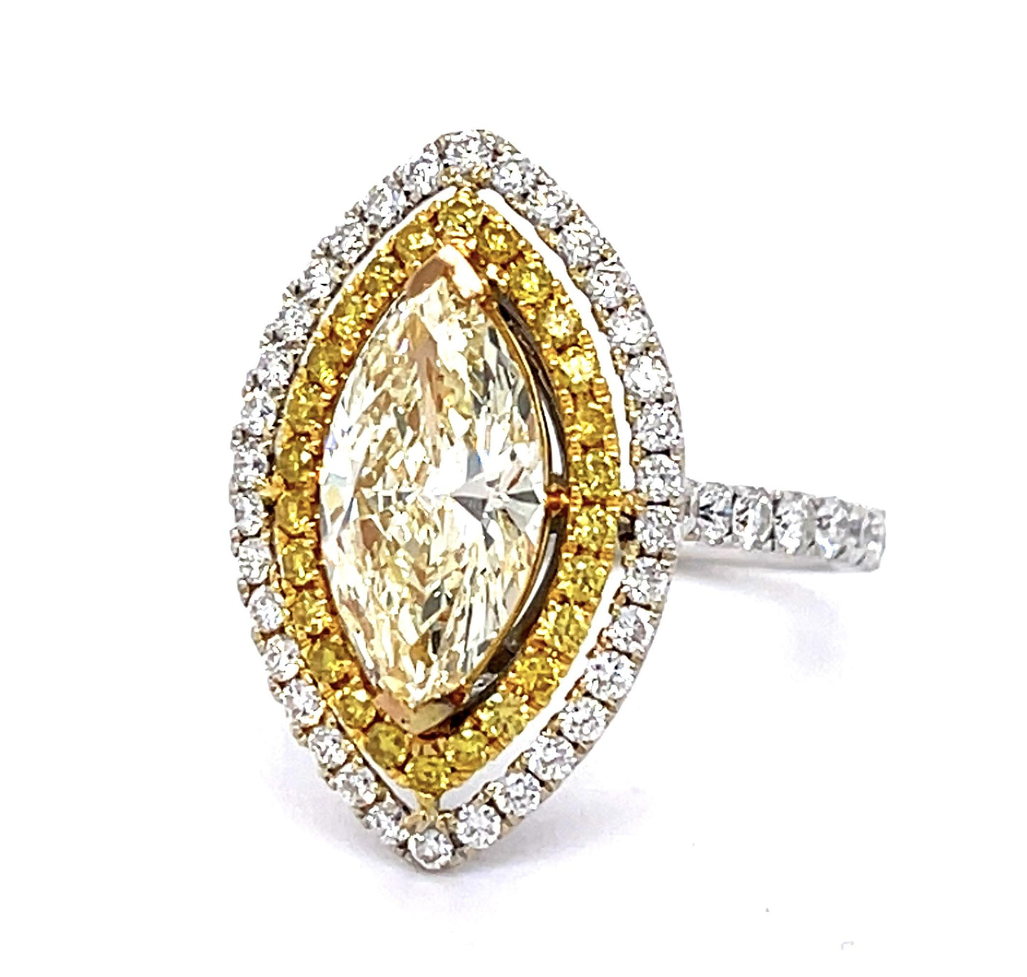 2.50ct Marquise Yellow Diamond 2.20ct Ring Side White Diamond .27ct Side Yellow