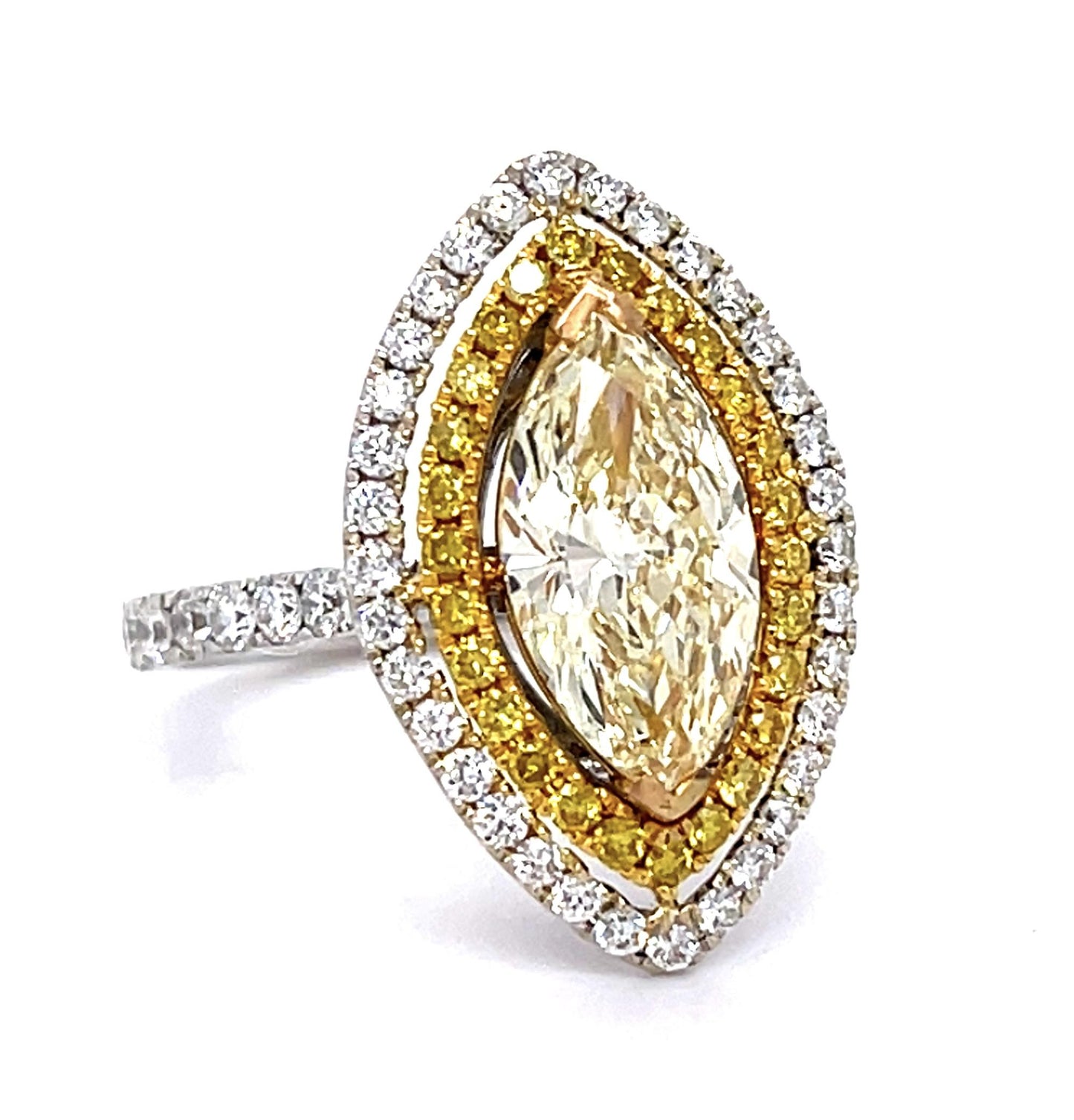 2.50ct Marquise Yellow Diamond 2.20ct Ring Side White Diamond .27ct Side Yellow