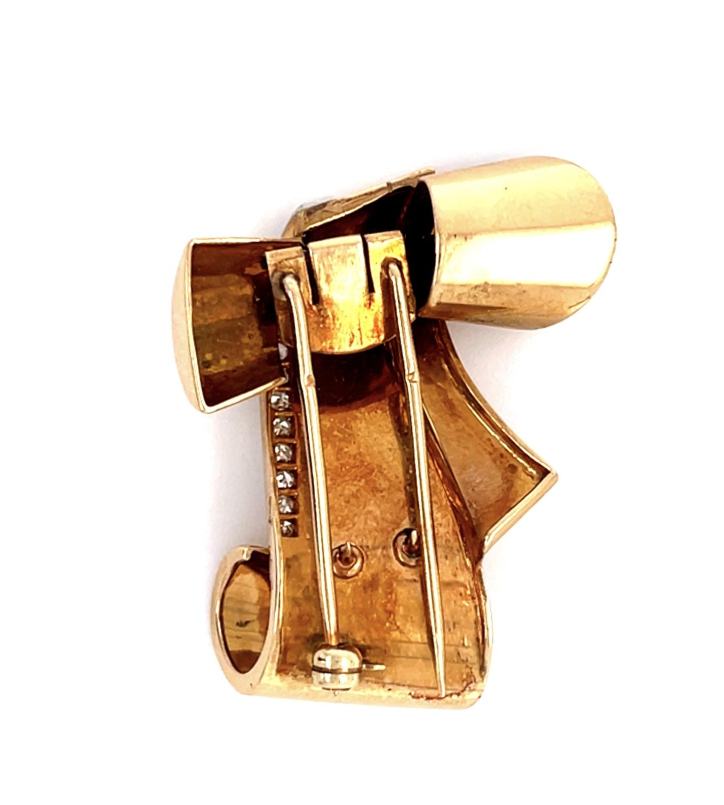 14KY Retro Scroll Pin/Brooch (Circa 1940s) .30ct Single-cut Diamonds