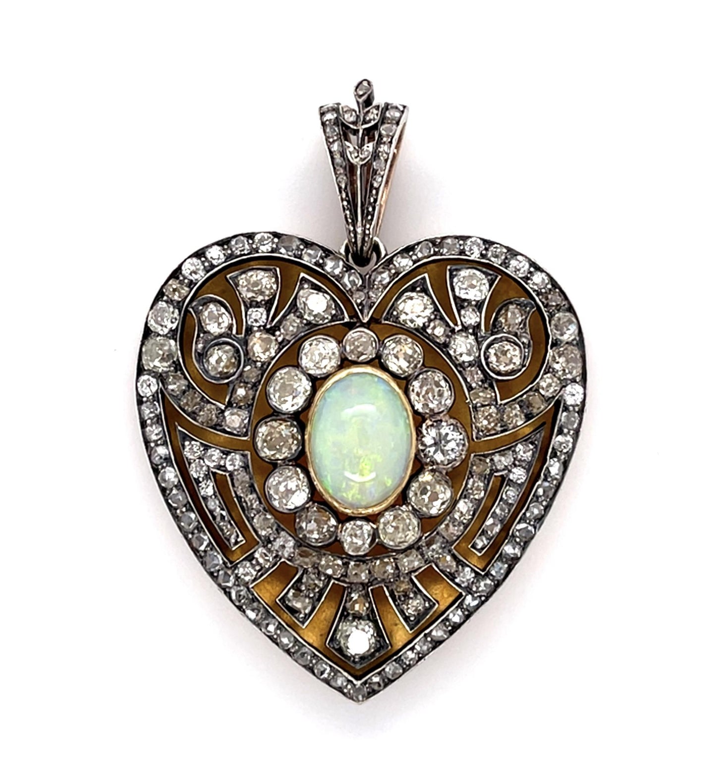 Victorian 4ct Opal 6ct Old Mine Diamond 14KY+Silver Pendant (Antique 1880s)