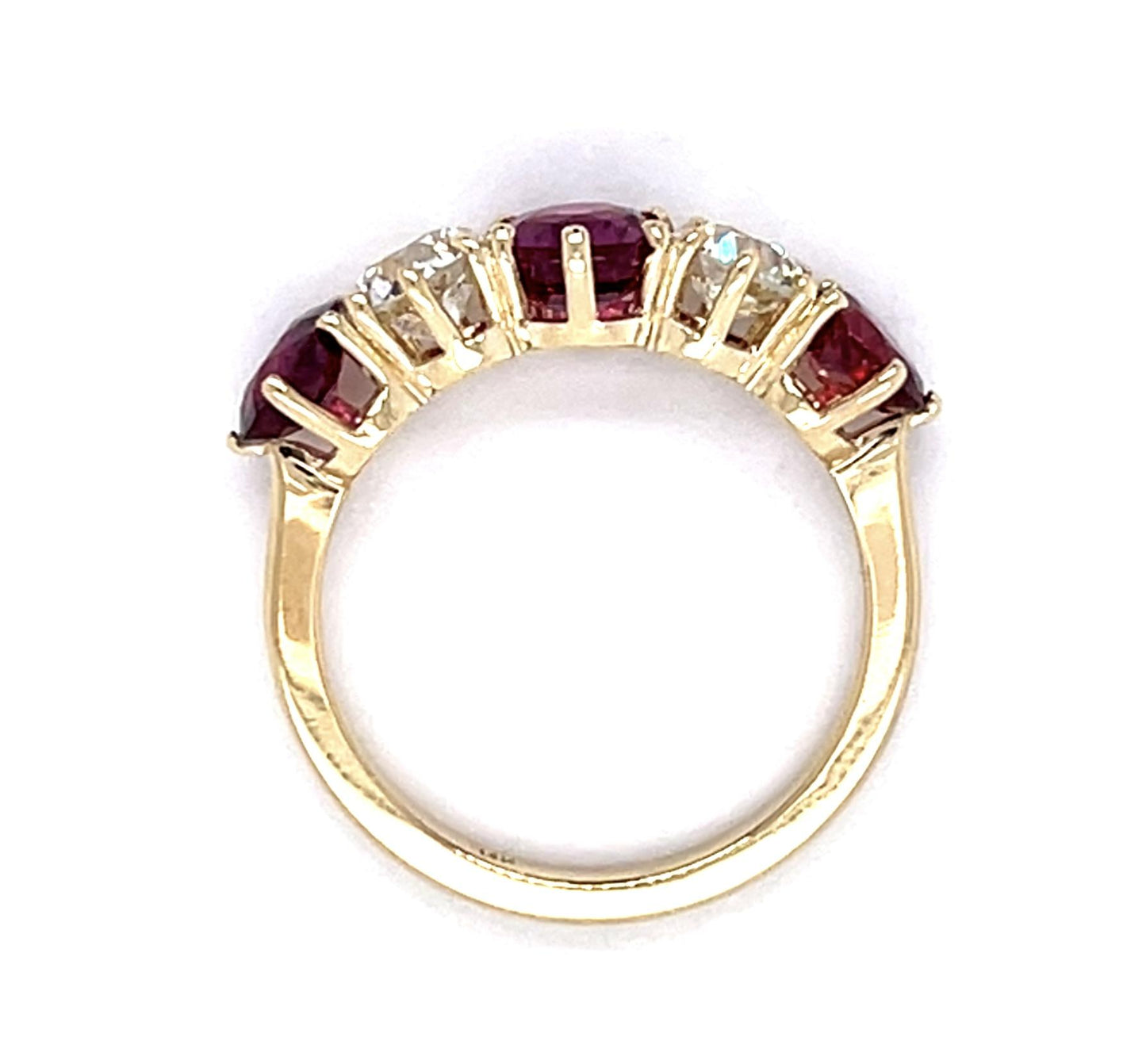 1.02ct Center Ruby .96ct Old Euro Diamond 14KY Five Stone Ring 1.29ct Side Ruby