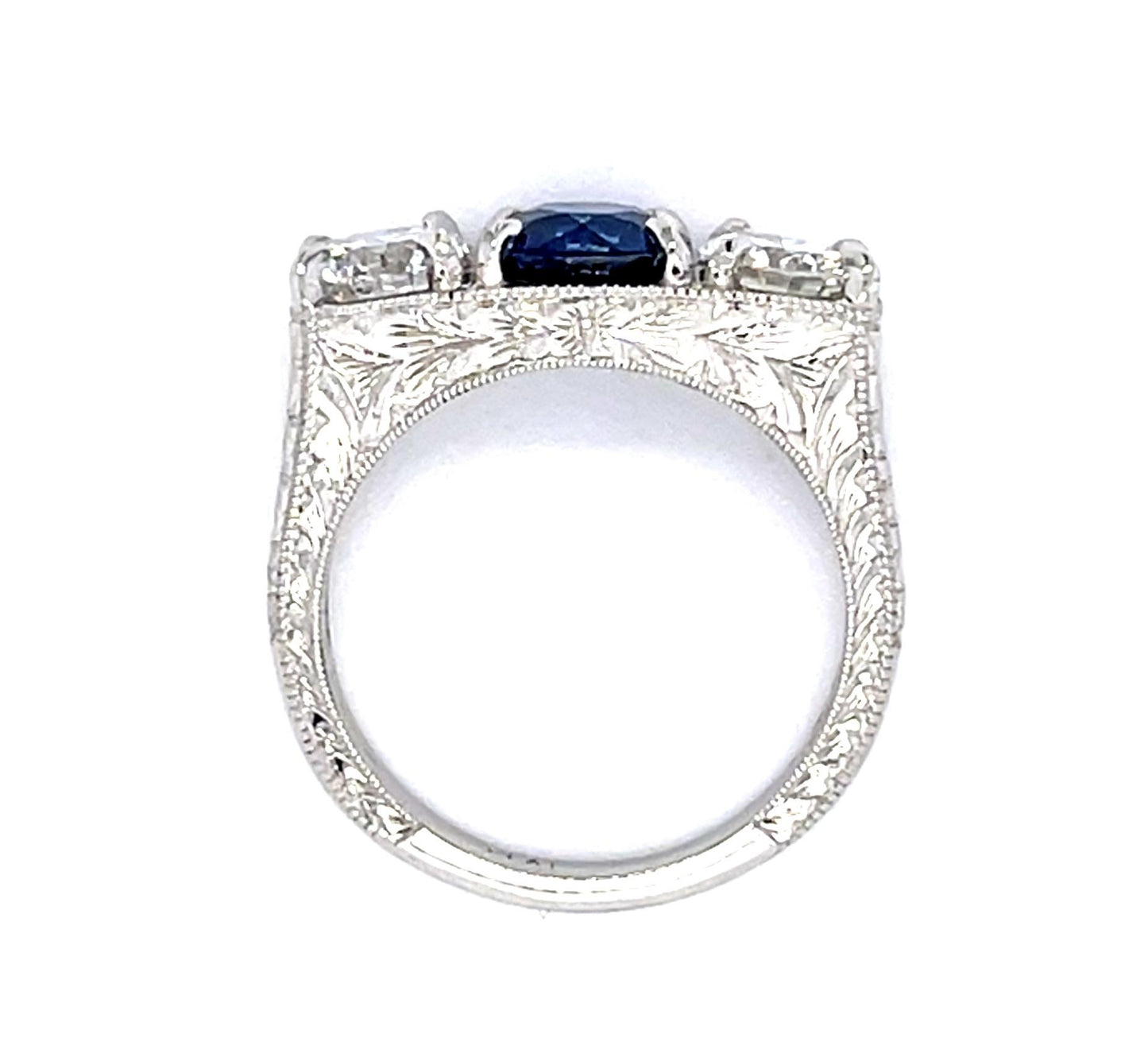 1.53ct Sapphire 1.36ct Diamond Platinum Hand Engraved Three Stone Ring