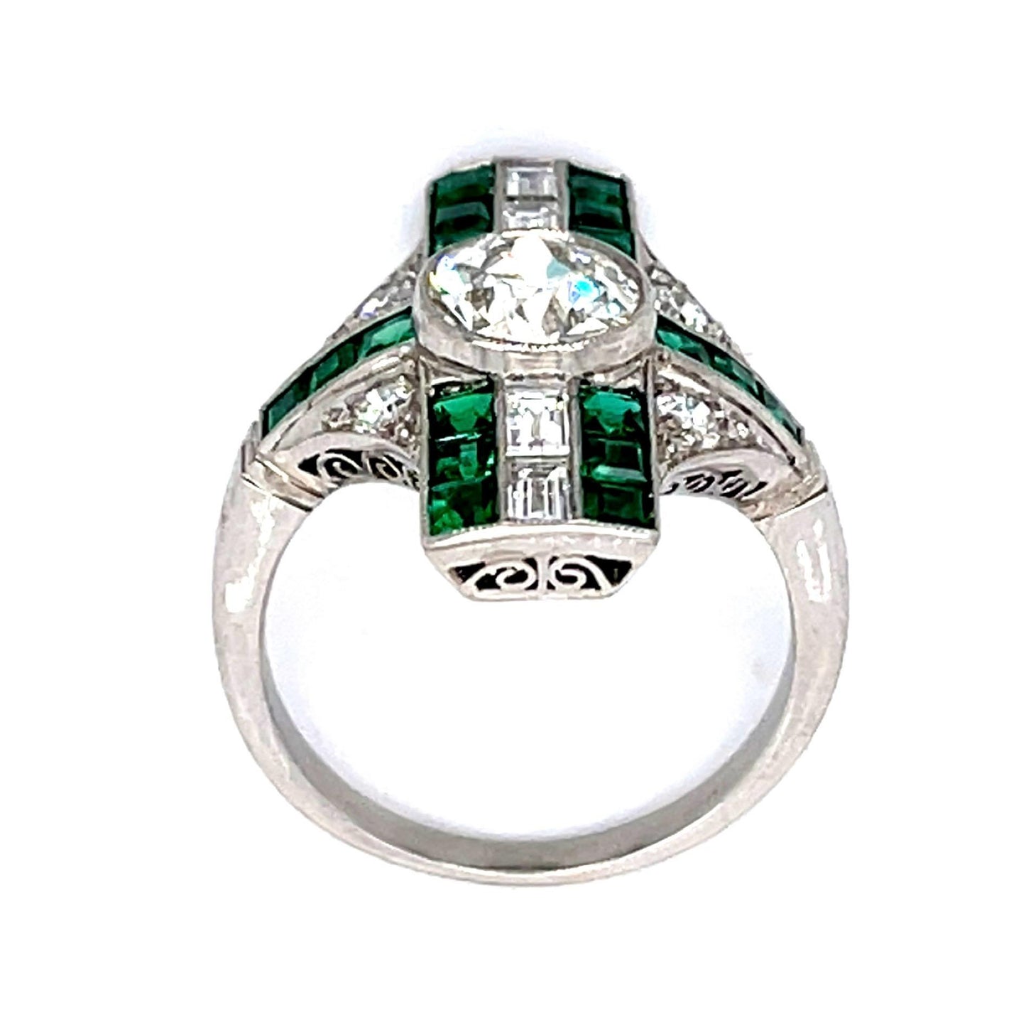 1.36ct Old European Center Diamond .80ct Emerald Platinum Handmade Ring .51ct SD
