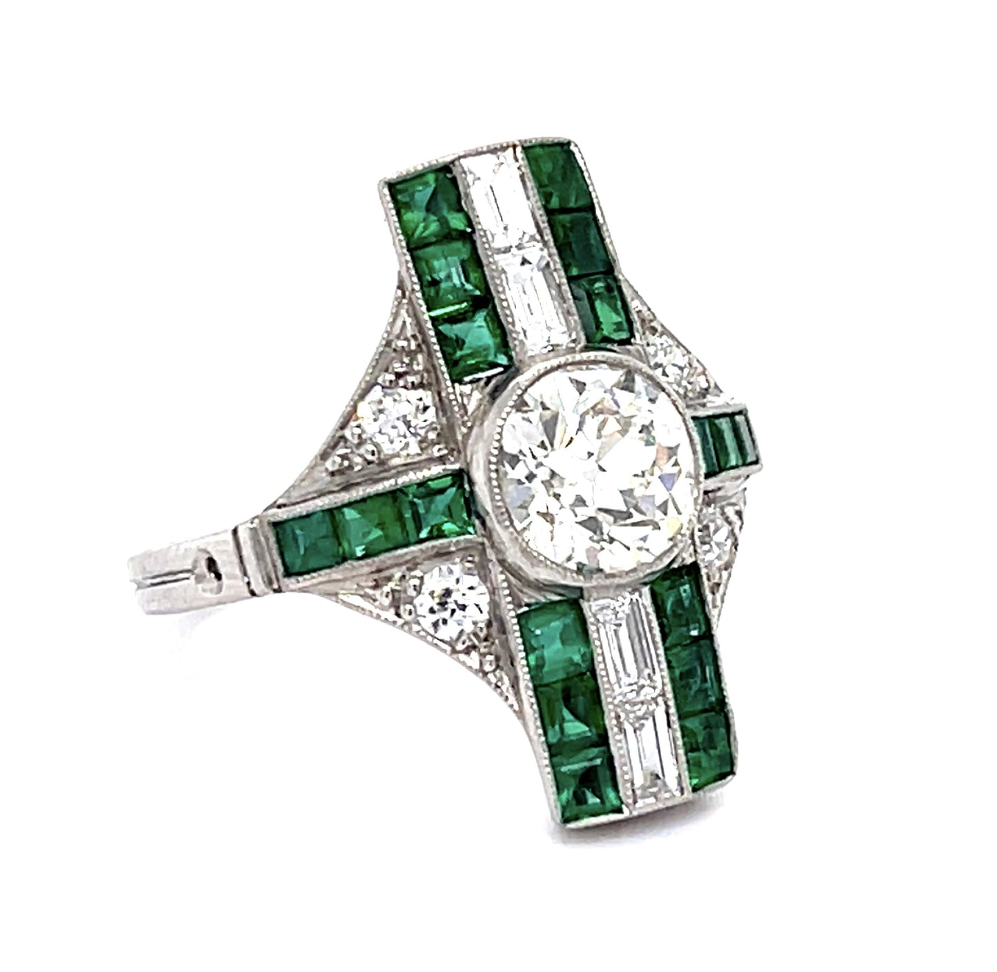 1.36ct Old European Center Diamond .80ct Emerald Platinum Handmade Ring .51ct SD