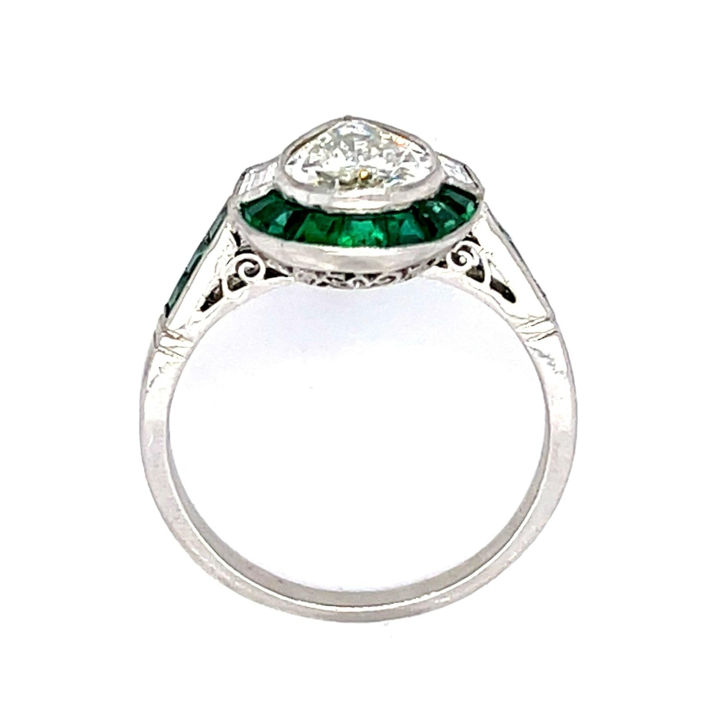 1.38ct Pear Diamond 1.22ct Emerald Platinum Handmade Ring .15ct Baguette Diamond