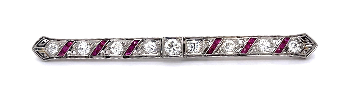 Original Art Deco 1.60ct Old European Diamond .66ct Ruby Platinum Brooch (1920s)