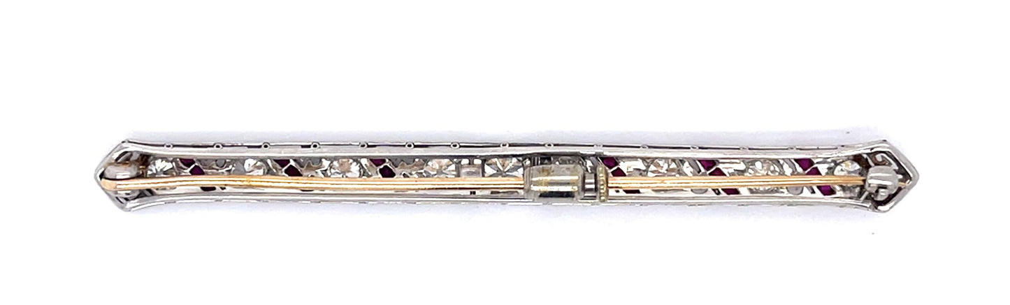 Original Art Deco 1.60ct Old European Diamond .66ct Ruby Platinum Brooch (1920s)