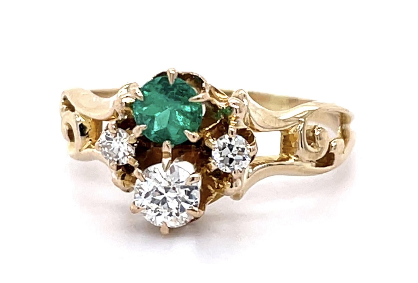Original Victorian .28ct Old European Diamond .28ct Emerald 14KY Ring (1890s)