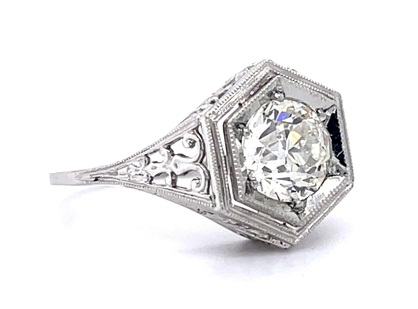 Art Deco 1.26ct J VS2 Old European Diamond 18KW Ring