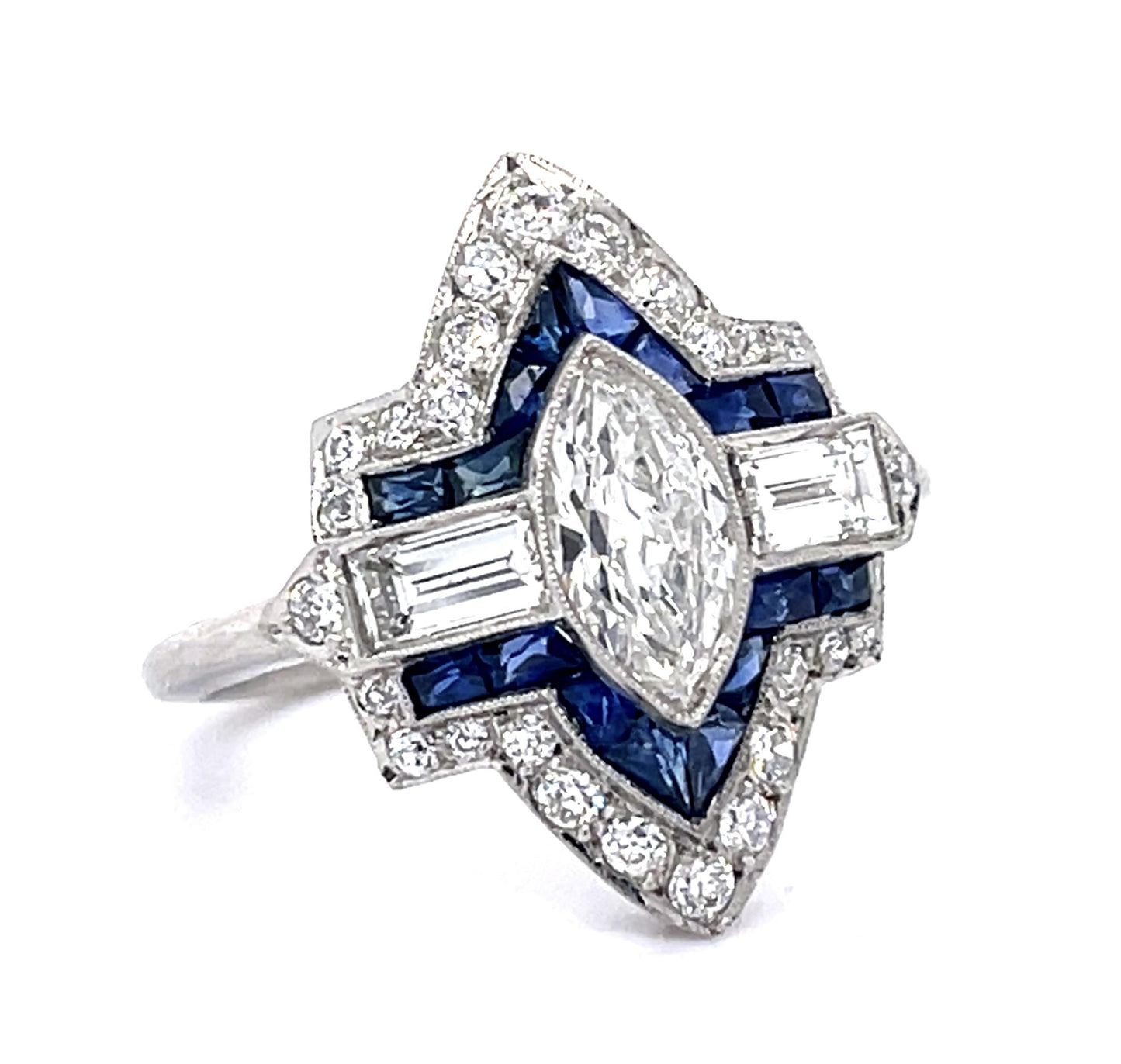 .62ct Antique Marquise Dia 1.28ct Sap PT Handmade Ring .59ct Baguette .35ct SD