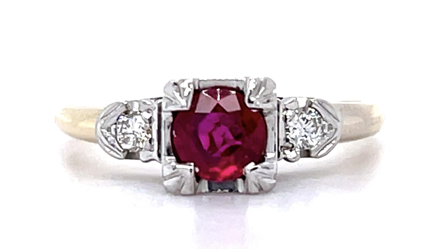 Art Deco .68ct Ruby .10ct Diamond 14K 2 Tone Ring (Vintage 1930s)