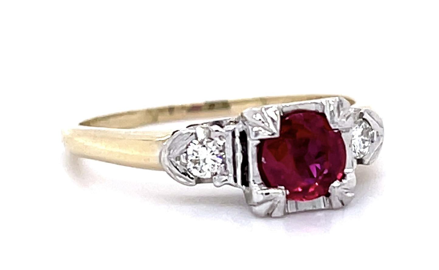 Art Deco .68ct Ruby .10ct Diamond 14K 2 Tone Ring (Vintage 1930s)