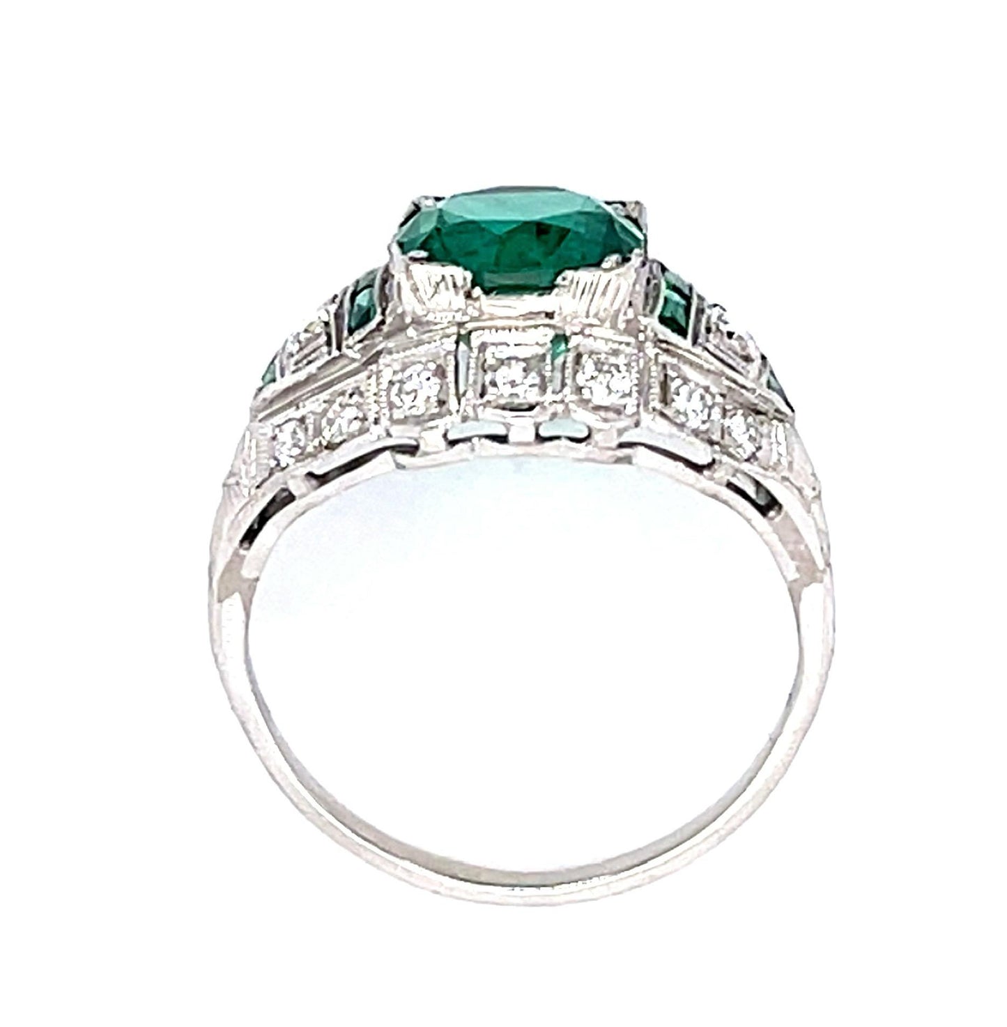 Art Deco 1.92ct Emerald Platinum Ring (Vintage 1920s) .48ct SD .46ct Side Eme