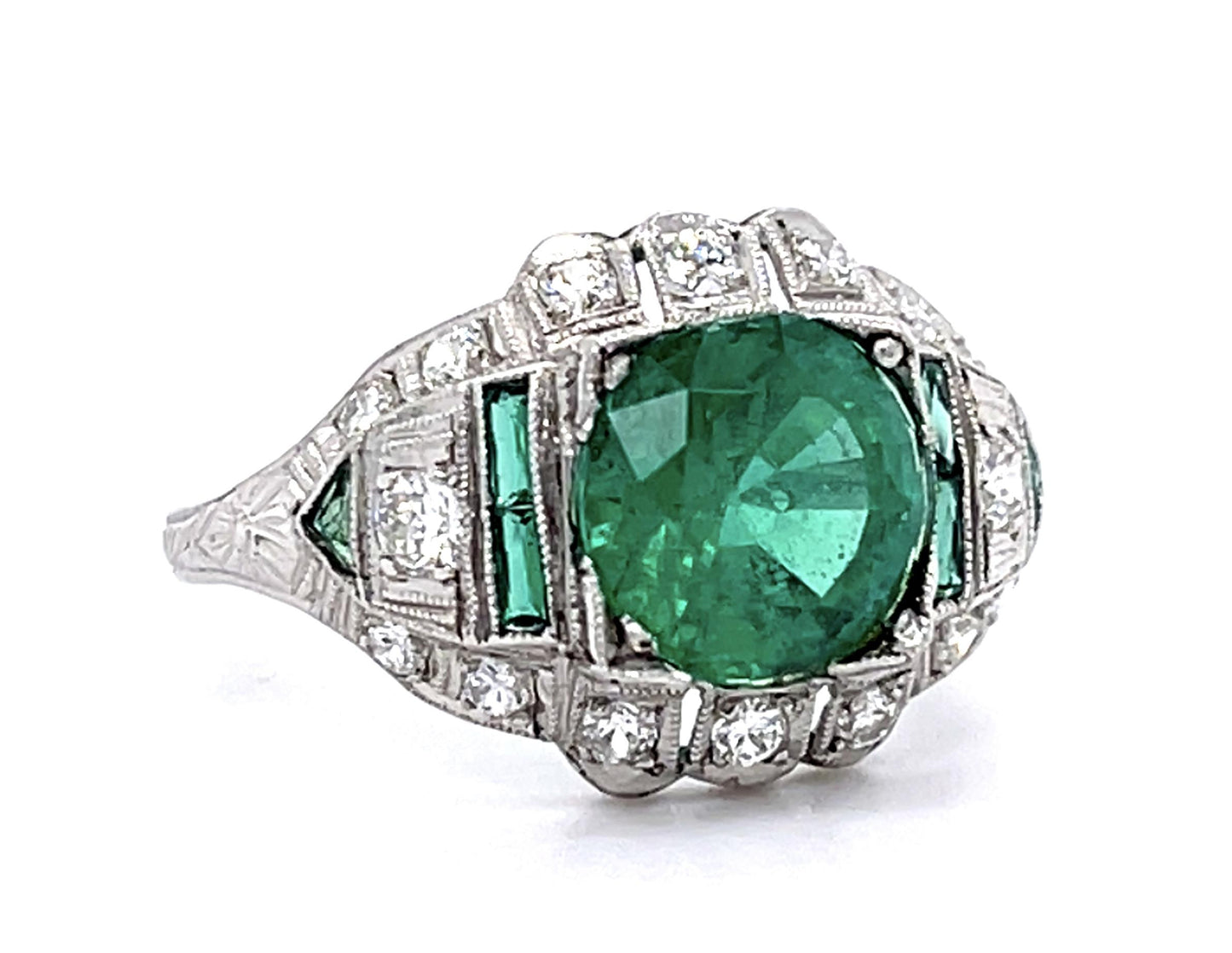 Art Deco 1.92ct Emerald Platinum Ring (Vintage 1920s) .48ct SD .46ct Side Eme
