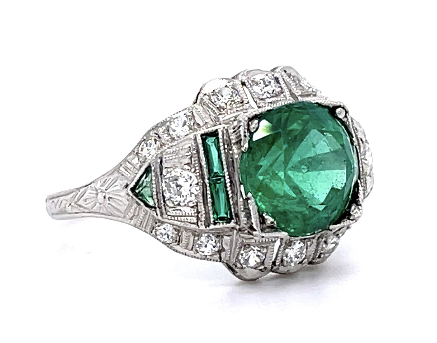 Art Deco 1.92ct Emerald Platinum Ring (Vintage 1920s) .48ct SD .46ct Side Eme