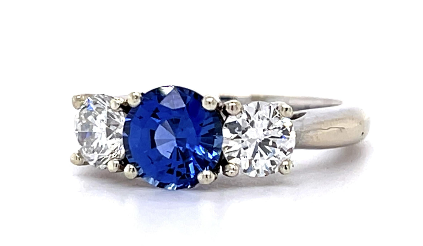 1.38ct Sapphire .42ct+.49ct F I1 Diamond 18KW Three Stone Ring