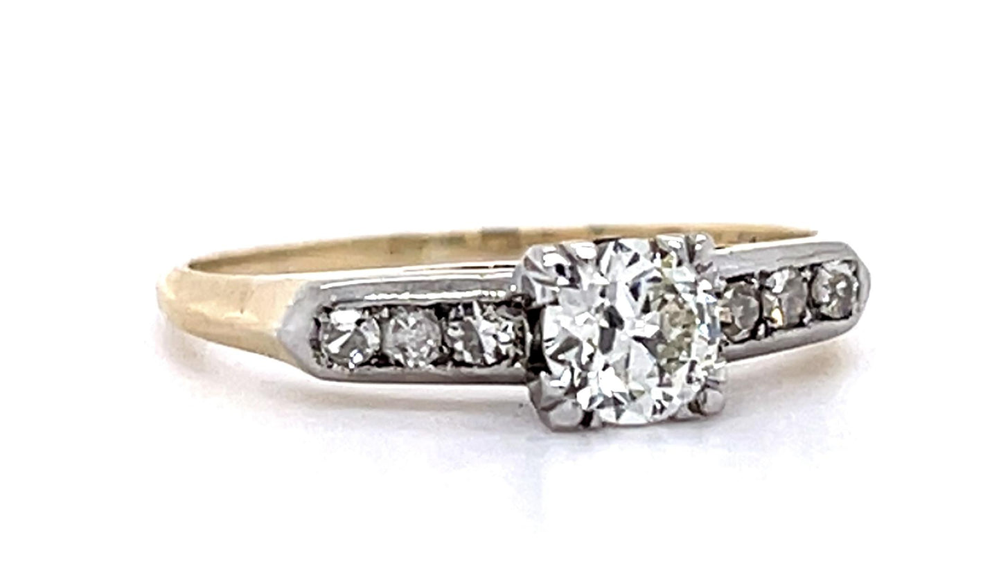 .34ct Old European Diamond Center 14K 2 Tone Ring (Vintage 1940s) .12ct SD
