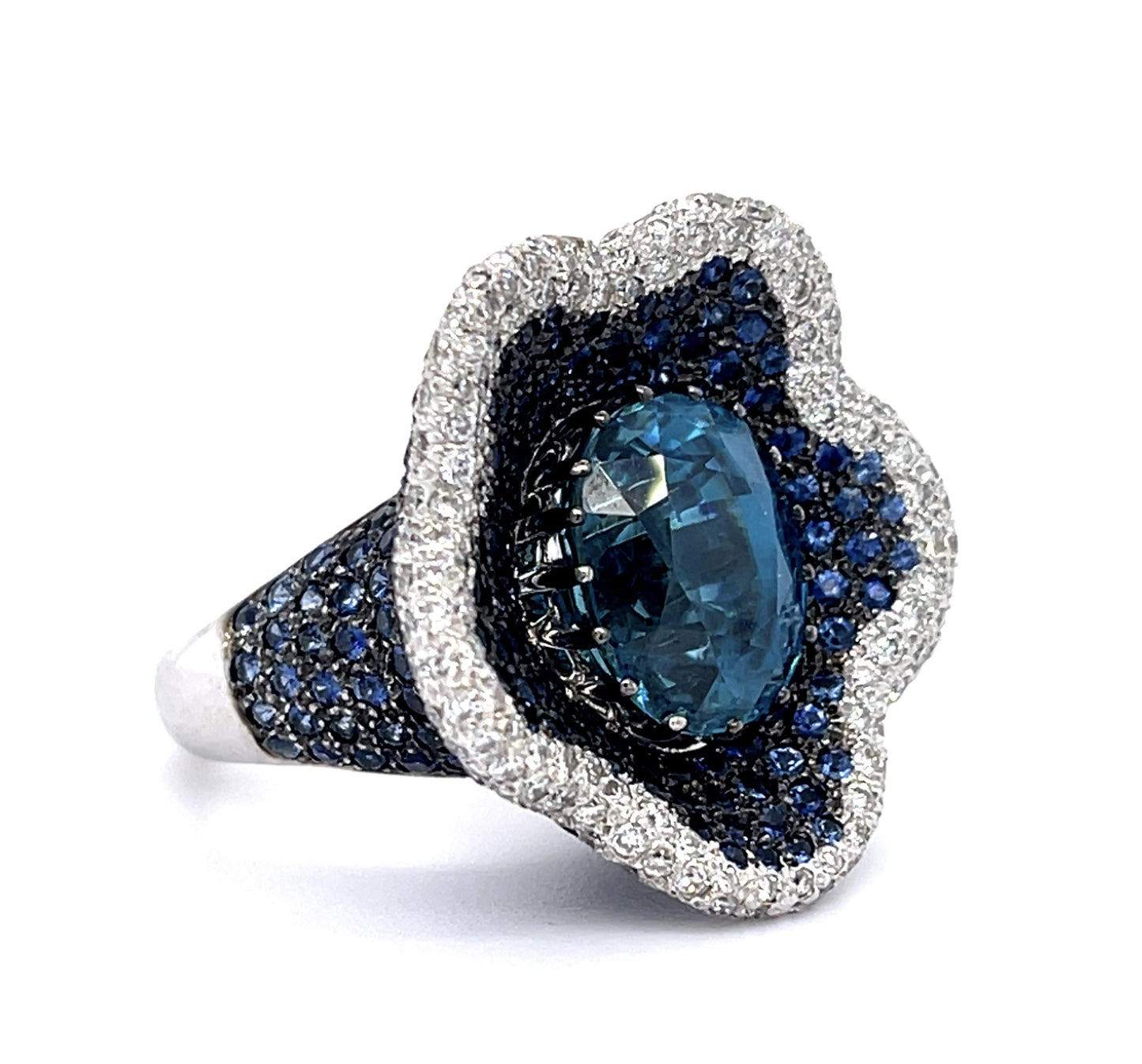 9ct Blue Green Zircon 18KW Ring 6.50ct Sapphires 1.30ct Diamonds 18.4g