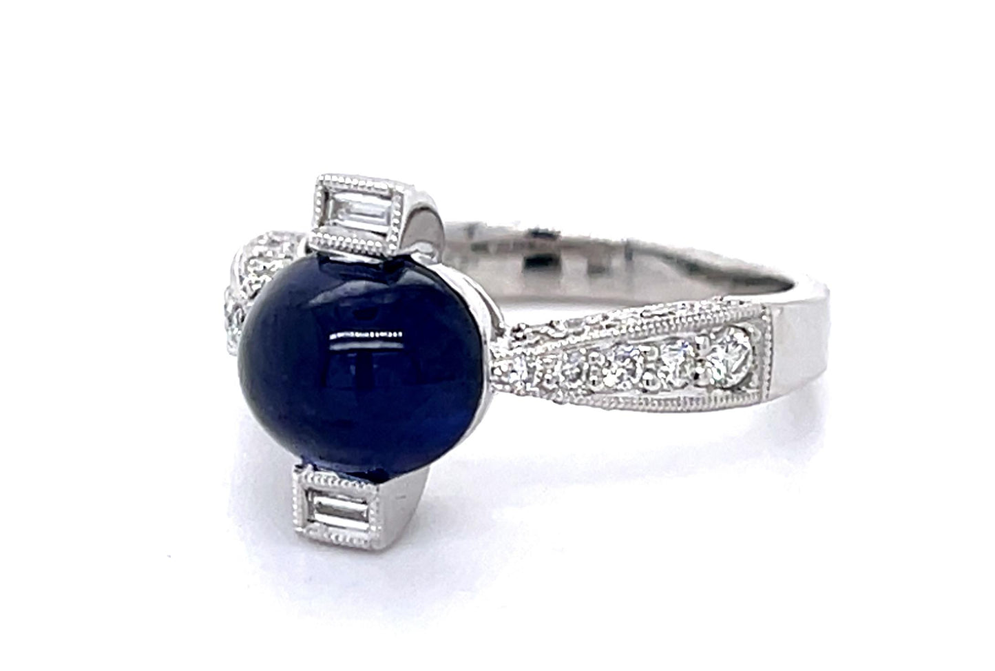3.47ct Cabochon Sapphire .50ct Diamond 18KW Ring