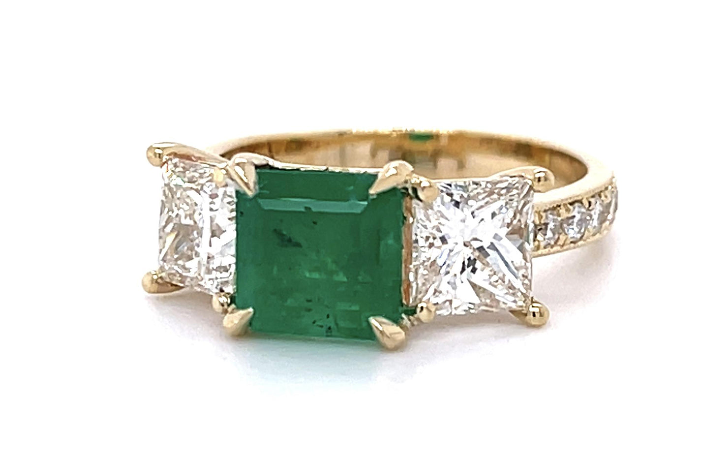 1.74ct Colombian (No Cert) 1.99ct Princess Dia 14KY Three Stone Ring .29ct SD