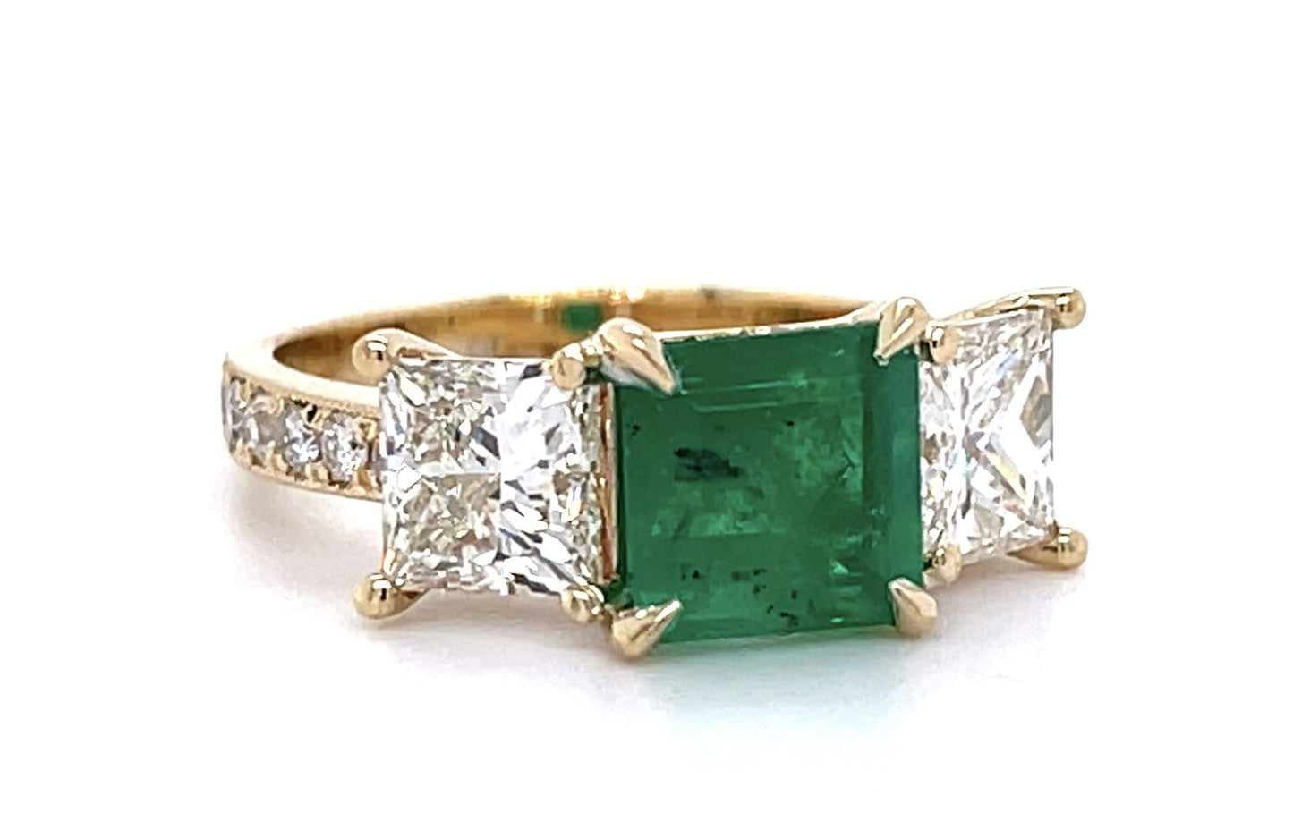 1.74ct Colombian (No Cert) 1.99ct Princess Dia 14KY Three Stone Ring .29ct SD