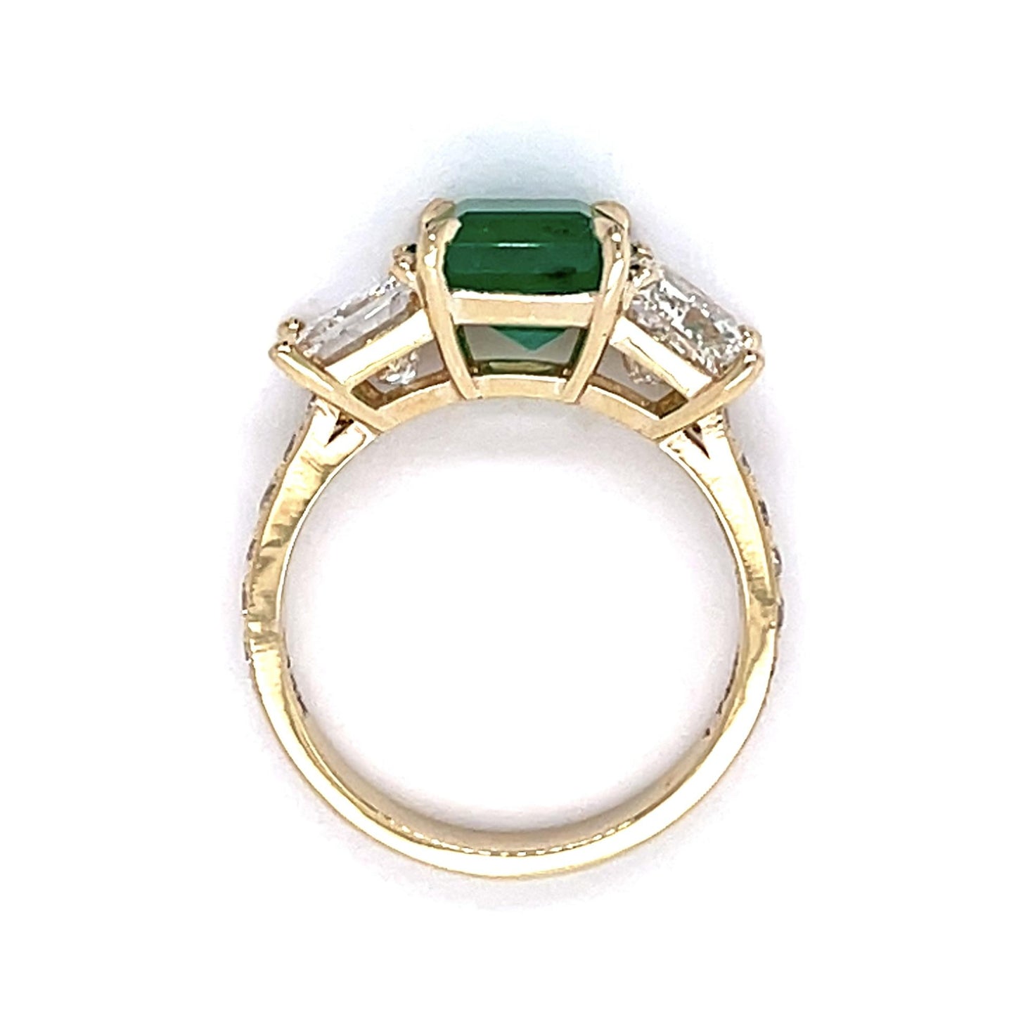 1.74ct Colombian (No Cert) 1.99ct Princess Dia 14KY Three Stone Ring .29ct SD