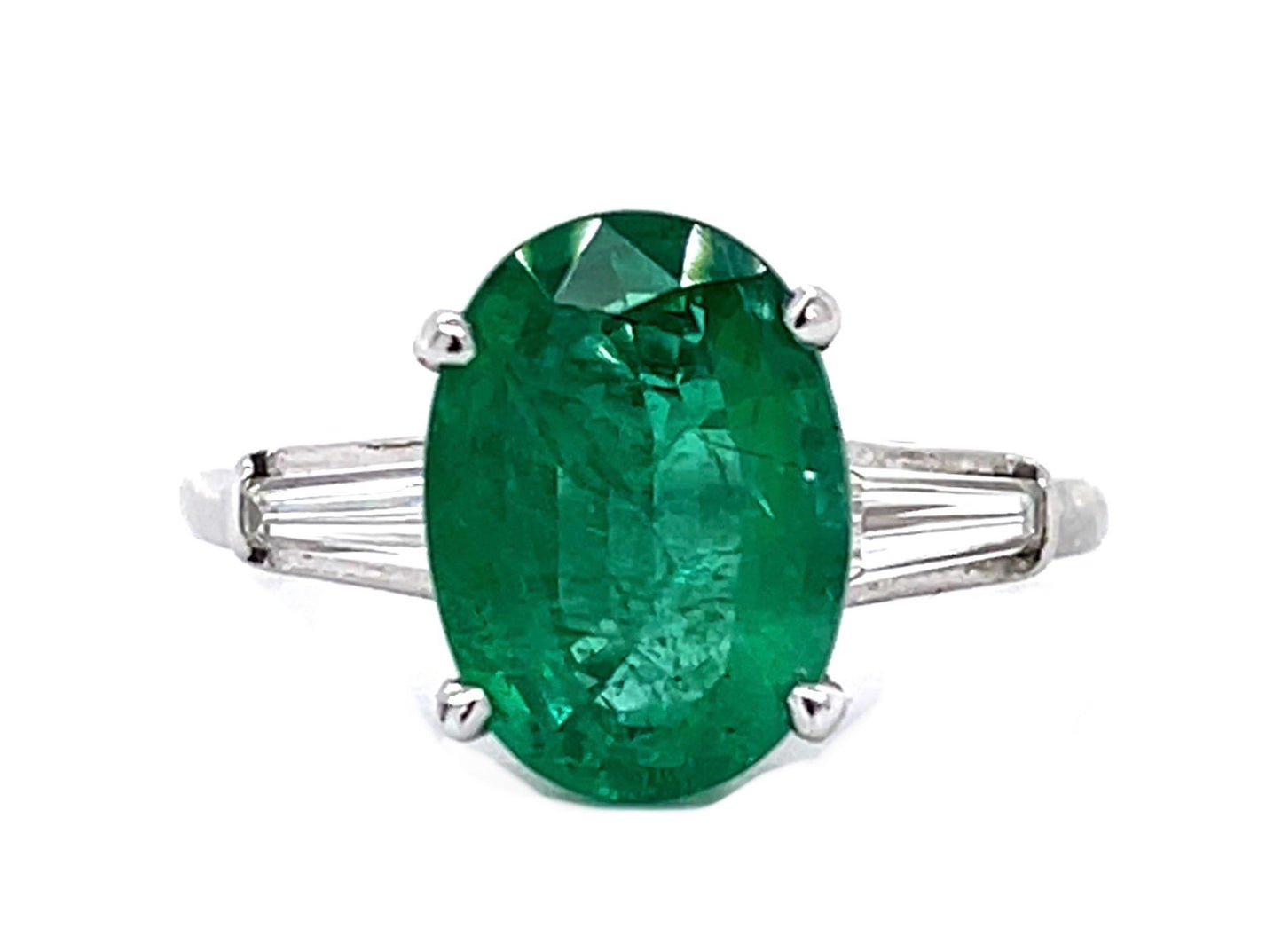 3.18ct Oval Emerald .48ct Tapered Baguette Diamond Platinum Ring